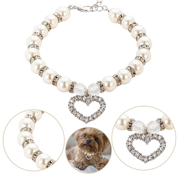 Pearl Dog Collar With Heart Charm, Adjustable Pet Necklace For Dogs And Cats, Sparkly Beaded Cat Collar For Daily Wear,S