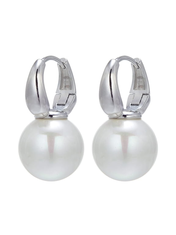 14mm Elegant Big Shell Pearl Dangle Earrings 18K White Gold Plated Copper Hoop Clasp for Women, for Wedding Gift