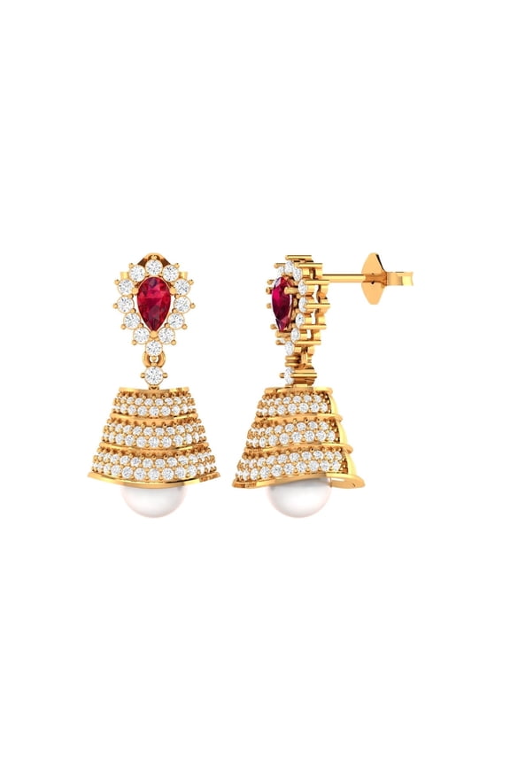 Pearl Drop Earrings, 18K Gold Plated, Diamond and Ruby Accents, Jhumka Style jewelry,earring set for women,earring set