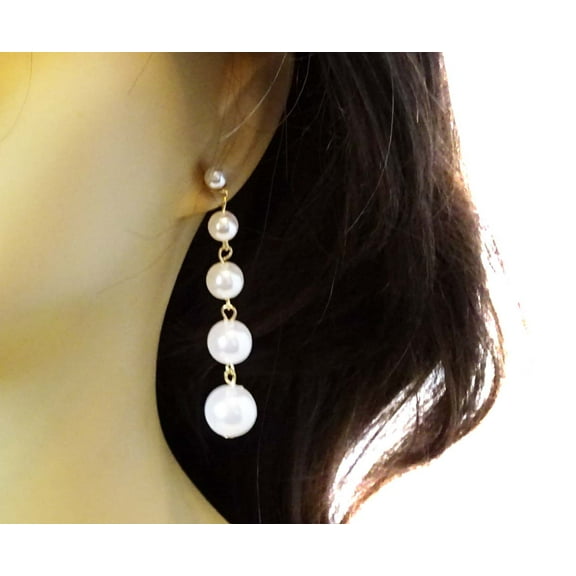 Pearl Drop Earrings Long Dangle Faux Pearl Gold tone Drop Pierced Earrings 3 inch L