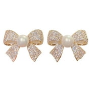 COOPSERBIL Pearl Drop Earrings for Women Pearl Bow Rhinestone Earrings Thin Dangle Gold Elegant Pearl Rhinestone Earrings Wedding Women Accessories Jewelry Bow Earrings for Women Alloy