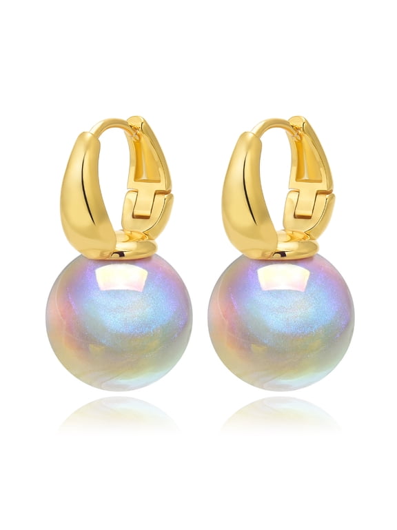 14mm Elegant Opal Big Pearl Drop Earrings Dangle, Dainty Gold 925 Sterling Silver Hoop Cute Dangling for Mom Teen Wedding Jewelry Gift for Women