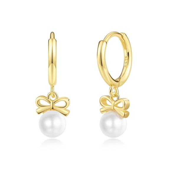 RYSKYJEWELRY Bow Huggie Earrings, White Pearl Drop Hoop, 925 Sterling Silver