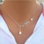 FESHIONN IOBI Pearl Droplet Thread Necklace 14K White or Yellow Gold plated for Woman White Pearl
