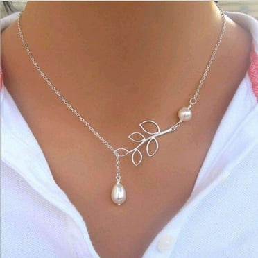 Pearl Droplet Thread Necklace 14K White or Yellow Gold plated for Woman White Pearl