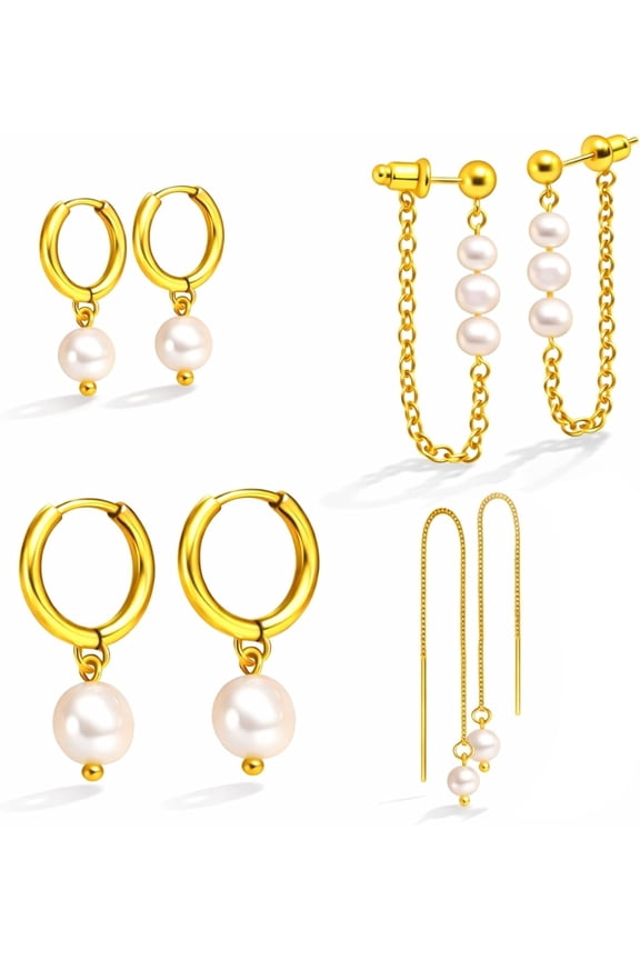 Pearl Earring Stacks for Women – Dainty 14K Gold Plated Hypoallergenic Hoop & Dangle Earrings Set