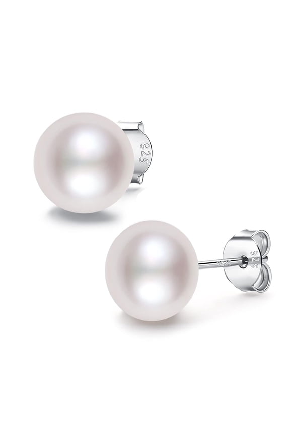 Pearl Earrings, 925 Sterling Silver Hypoallergenic Earrings for Women, AAAA Freshwater Cultured Pearl Stud Earrings, Earings for Sensitive Ears, Everyday Simple Jewelry Gifts, White 8-8.5MM White+Sil