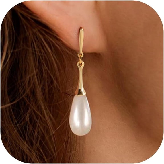 Pearl Earrings For Women - 14K Gold Plated Dainty Pearl Dangle Earrings Small Huggie Hoop Drop Earrings For Women Trendy Gold Wedding Bridal Earrings For Women[Z4542]