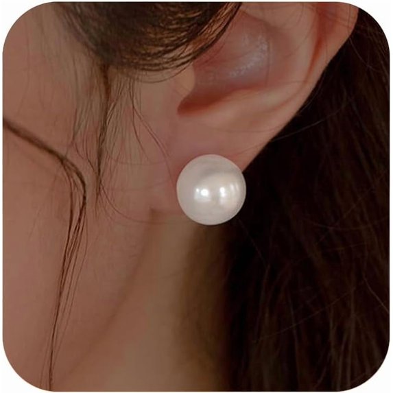 Pearl Earrings for Women 925 Sterling Silver Handmade Round White Pearl Stud Earrings Hypoallergenic Classic Solitaire Pearl Earring Jewelry Birthday Holiday Gifts for Mom Lover