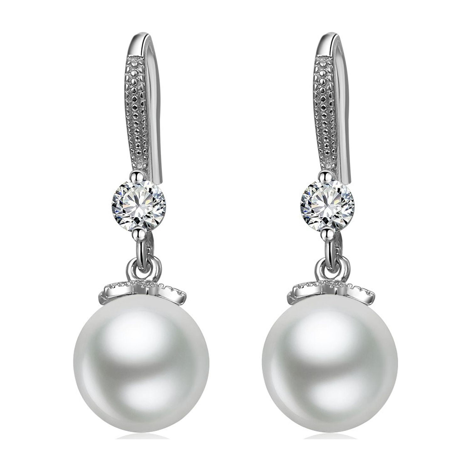 JEWPEARL Pearl Earrings for Women Sterling Silver, Freshwater Cultured Pearls with 5A Cubic Zirconia, Dangle Drop Leverback Hypoallergenic Comfy Earrings, Simple Classic Everyday Jewelry Gifts