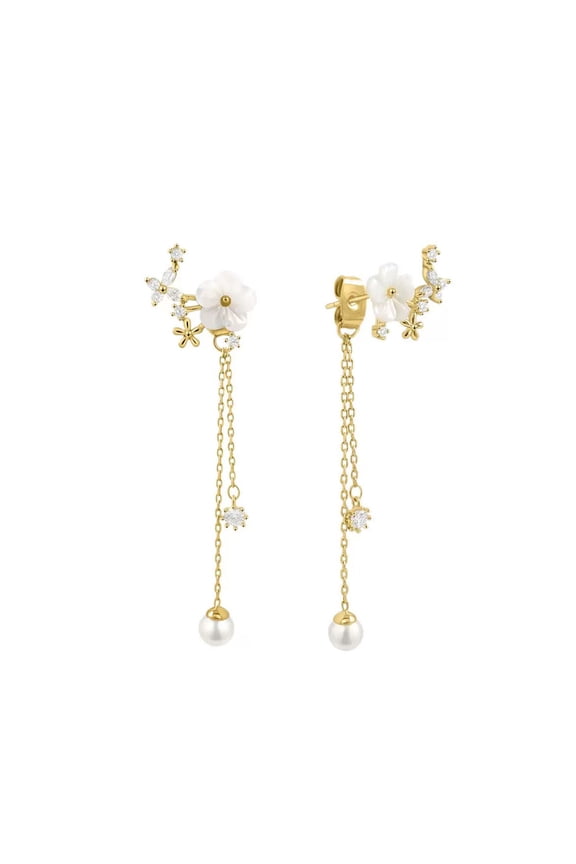 Pearl Earrings for Women, 14K Gold Plated Pearl Drop Earrings Dainty Flower Pearl Dangle Earrings Jewelry Gifts
