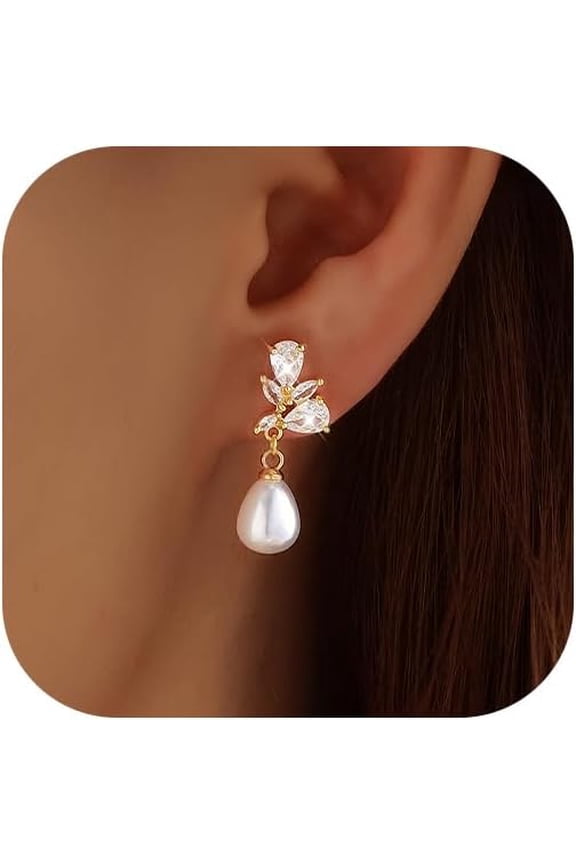 Pearl Earrings for Women, 14k Gold Plated Trendy Diamond Pearl Drop Earrings Bridal Shower Gifts Wedding jewelry for Women