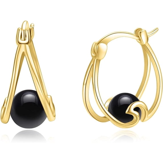 Pearl Earrings for Women Hoop Earrings with Pearls Ocean Wave Earrings for Women Gifts (black pearl earrings)