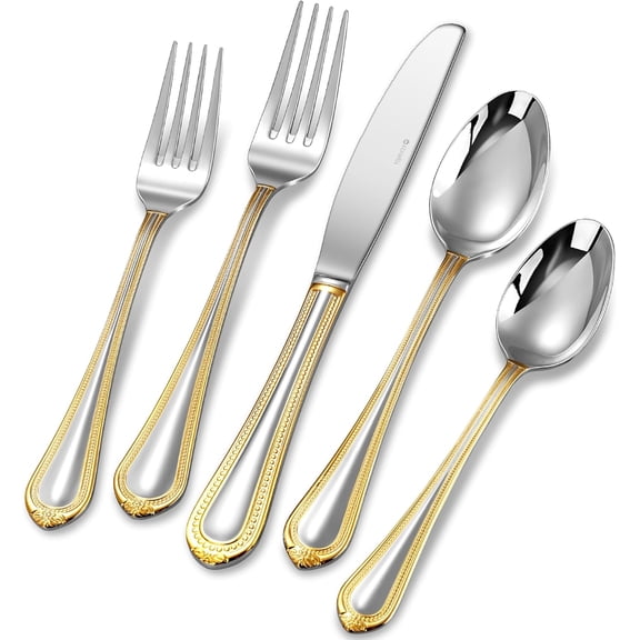 Pearl Edge Premium 45-Piece Refined Bead Silverware Set, 18/10 Stainless Steel, Service for 8, Fine Flatware Set with Serving Utensils, Dishwasher Safe (45, Gold Accent)
