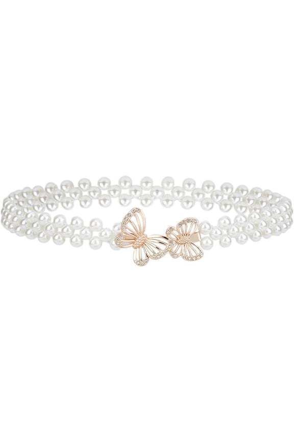 Pearl Elastic Chain Belt Adjustable Stretchy Chain Dress Waist Strap Waistband for Women Fashion Dress DIY Butterfly