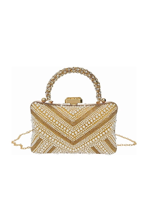 Pearl Embellished Clutch Box Bag for Women, Vintage Chain Shoulder Bag - Lock Closure Evening Purse for Daily Matching & Formal Events (Gold/Silver, 2 Styles)