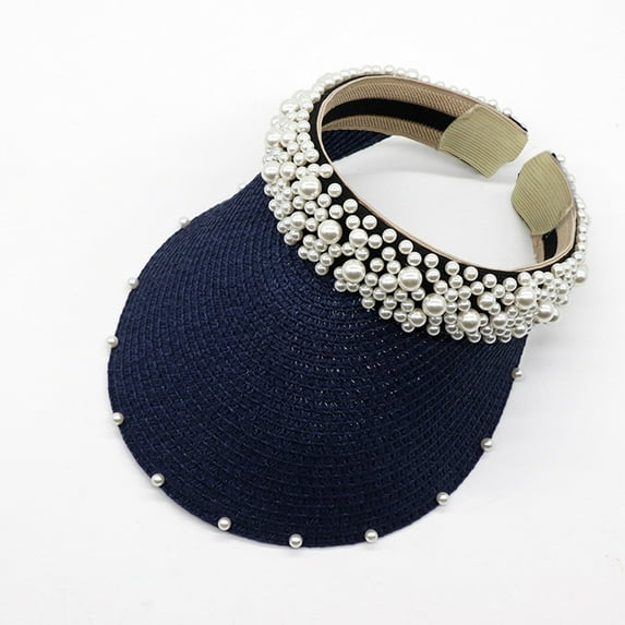 Pearl-Embellished Sun Hat - Wide Brim Straw Hat with Rhinestone Band (Garden Parties & Vacations) Clearance, Yubnlvae Pearl Hollow Sunhat Women's Headband Hat Sunshade , Navy, One Size