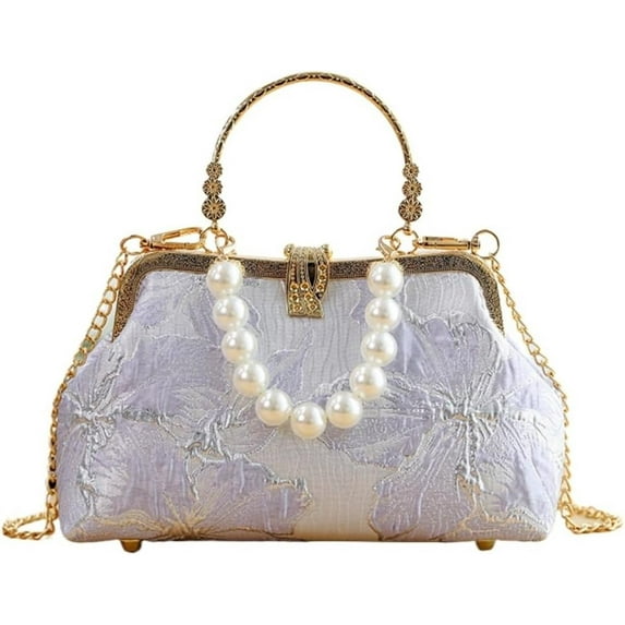 Pearl Evening Bag for Women Vintage Embroidered Floral Clutch Purse Evening Handbag Shoulder Crossbody Bags