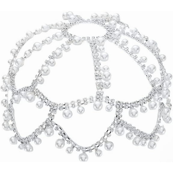 Pearl Flapper Mesh Cap Rhinestone Head Chain 1920s Wedding Pearl Headpiece Boho Silver Alloy Sparkle Headband for Wedding Prom Party Bride Bridesmaid Women Hair Jewelry Accessories Silver