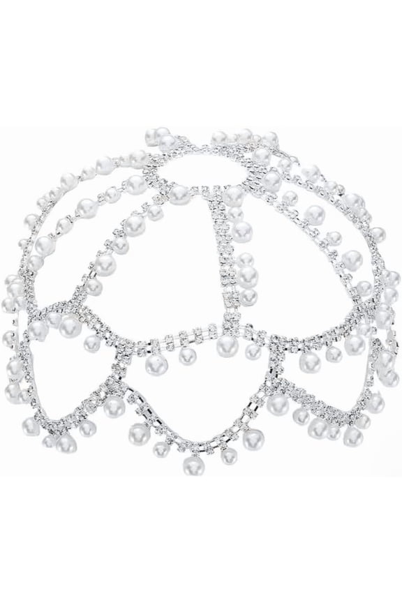 Pearl Flapper Mesh Cap Rhinestone Head Chain 1920s Wedding Pearl Headpiece Boho Silver Alloy Sparkle Headband for Wedding Prom Party Bride Bridesmaid Women Hair Jewelry Accessories