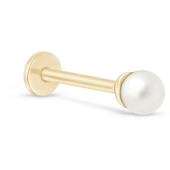 Pearl Flat Back Earring for Women Men 14K Solid Gold Cartilage Earring Threaded Conch Tragus Helix Piercing Jewelry Stud Earring for Upper Ear 2MM