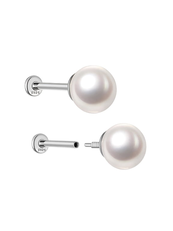 Pearl Flat Back Earrings for Women Sterling Silver Cartilage Helix Upper Lobe Body Piercing Stud Ginger Lyne