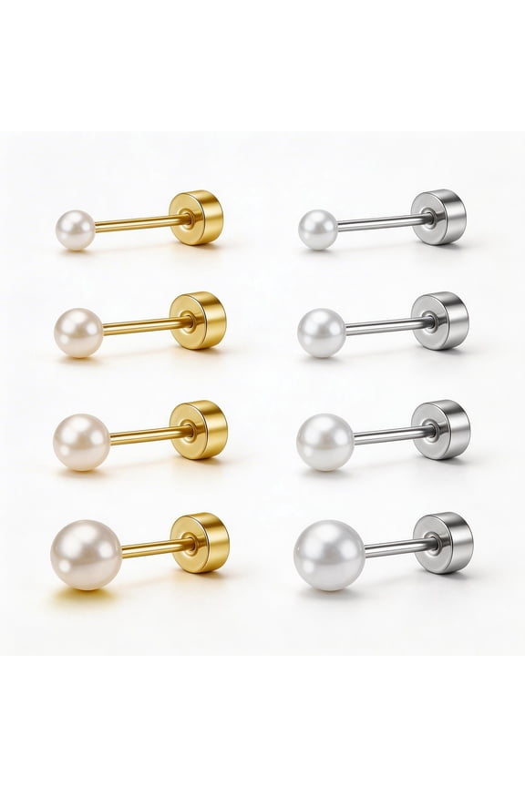 Pearl Flat Back Stud Earrings Set 8 Pairs, Hypoallergenic 20G Stainless Steel Cartilage Earrings, Gold Silver Small Studs 3-6mm for Multiple Piercing