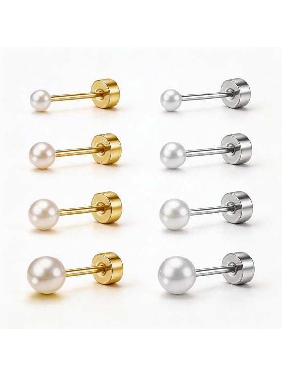 Pearl Flat Back Stud Earrings Set 8 Pairs, Hypoallergenic 20G Stainless Steel Cartilage Earrings, Gold Silver Small Studs 3-6mm for Multiple Piercing