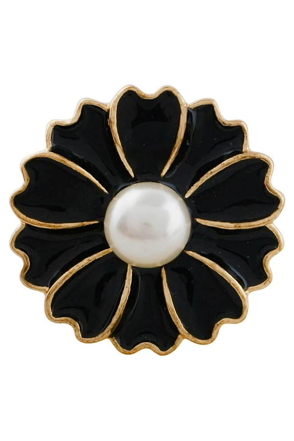 Snap Jewelry 18MM Pearl Flower Ginger Charm with Black Enamel and Gold Trim