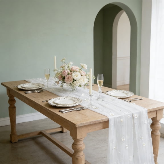 Pearl Flower Mesh Tulle Table Runner, Embroidered Sheer Fabric for Wedding and Birthday Tablecloth, White