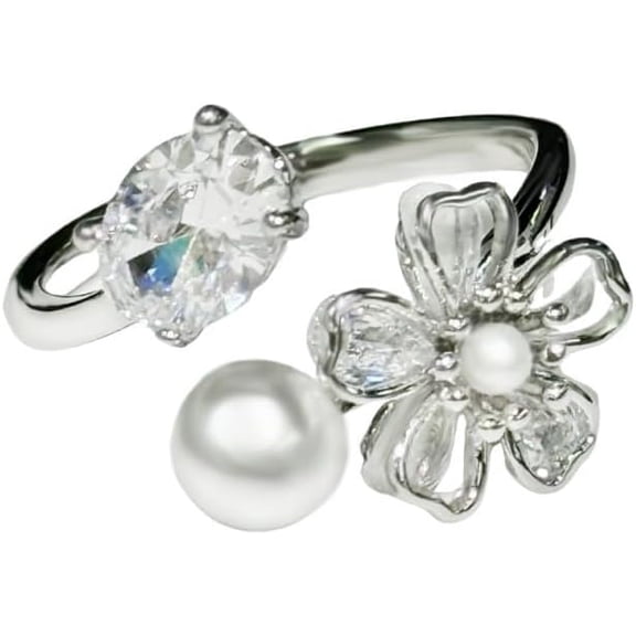 Pearl Flower Open Ring for Women Cubic Zirconia Floral Wrap Finger Band Adjustable Finger Ring Stackable Wedding Engagement Rings Chic Finger Jewelry