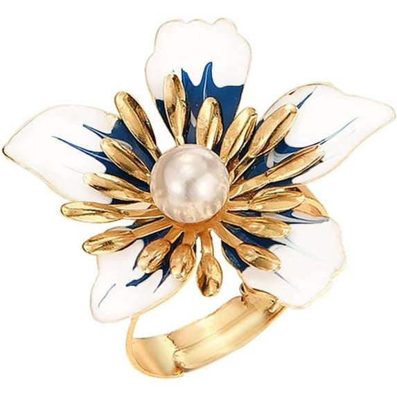 Pearl Flower Open Statement Ring for Women Gold Tone Handmade Adjustable Expandable Wrap Finger Band Engagement Promise Ring Comfort Fit Wedding Band Dainty Holiday Jewelry