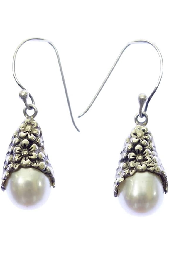 925 Sterling Silver Pearl Drop Earrings for Women Handmade Balinese Filigree Jewelry