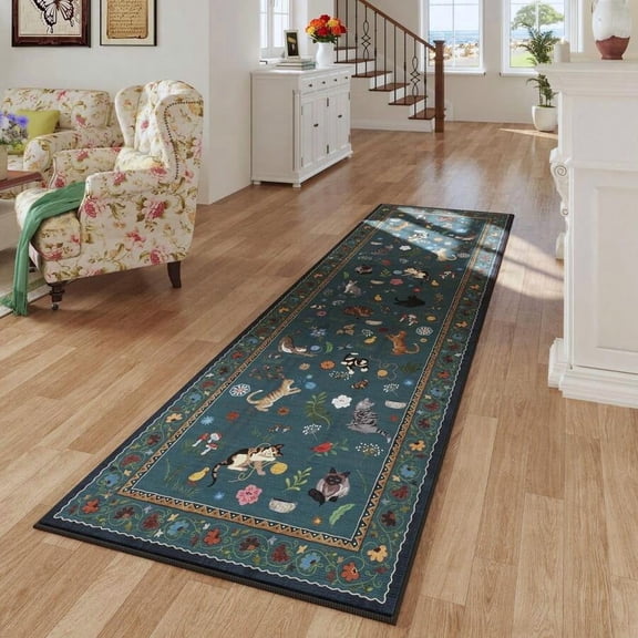 Pearl Gentian Blue Boho Cat & Floral Non-Slip Runner Rug, 2x5 Ft Low Pile Washable Hallway Entryway Carpet