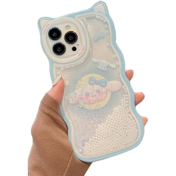 Pearl Glitter Liquid Quicksand Cute Cat Ear Wave Edge Cartoon Moon Rabbit Phone Case, Shockproof Soft Case for iPhone 11