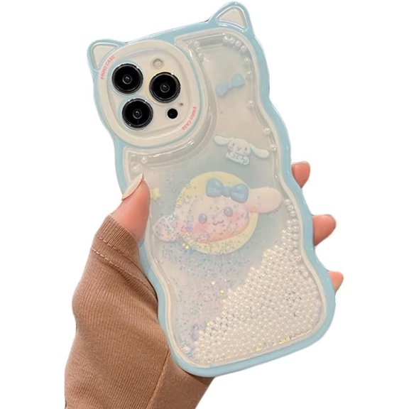 Pearl Glitter Liquid Quicksand Cute Cat Ear Wave Edge Cartoon Moon Rabbit Phone Case, Shockproof Soft Case for iPhone 13