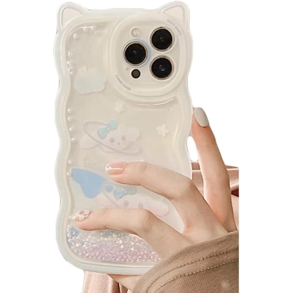 Pearl Glitter Liquid Quicksand Cute Cat Ear Wave Edge Cartoon Rabbit Stars Phone Case, Shockproof Soft Case for iPhone 12 Pro