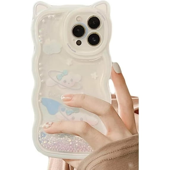 Pearl Glitter Liquid Quicksand Cute Cat Ear Wave Edge Cartoon Rabbit Stars Phone Case, Shockproof Soft Case for iPhone 13 Pro Max