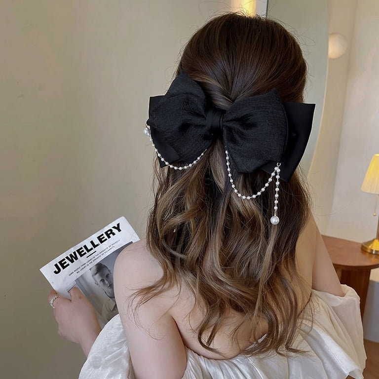 Black Bow Pearl Detail Hair Clip Amazon.com : Velvet Hair Bows Black Ribbon Clips Classic  main image 4