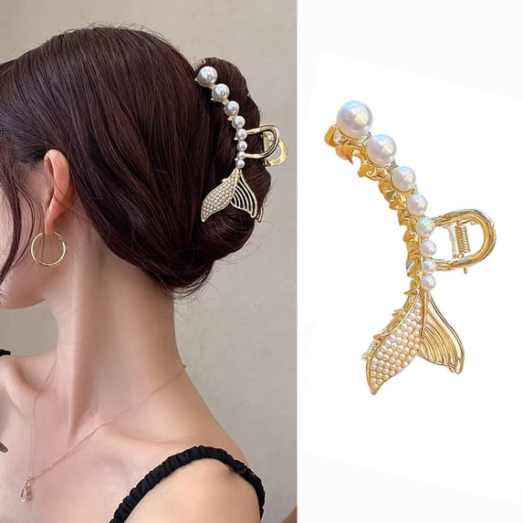 Pearl Hair Claw Clips Fishtail Hair Clamps Large Hair Clips for Thick Hair Metal Hair Accessories No Crease Hair Clip Hair Ornament Elegant Hair Clips for Women Strong Hold Jaw Clips Hair Styling 1Pcs
