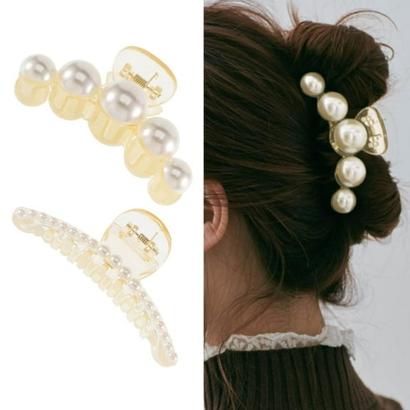Pearl Hair Claw Clips Transparent Large Hair Claws Clip Non Slip Hair Barrette Strong Hold Jaw Clip Hair Clamps Fashion Hair Accessories for Women(Pack of 2)