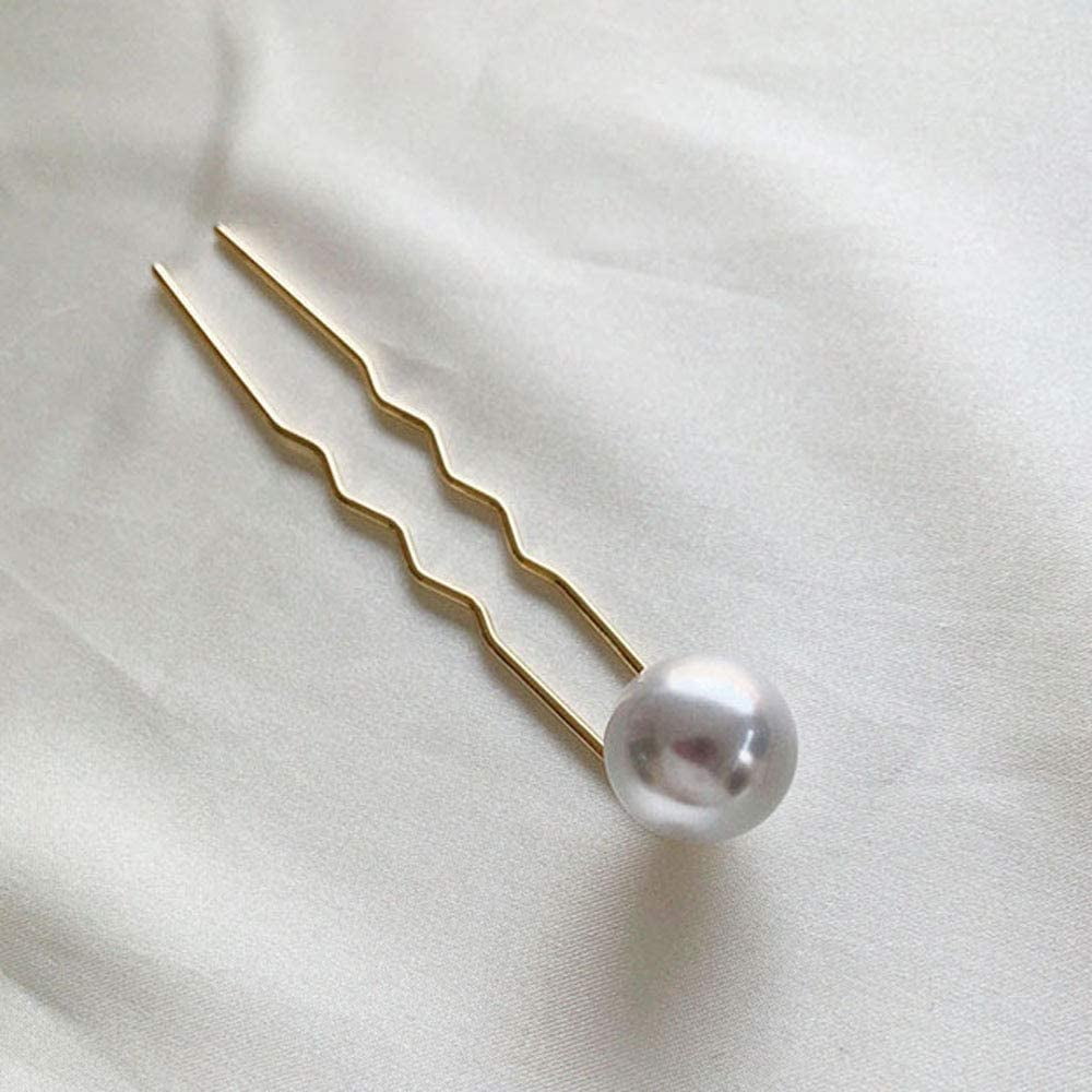 Big Pearls Beads Ends Golden Metal Hair Sticks For Women U Shape
