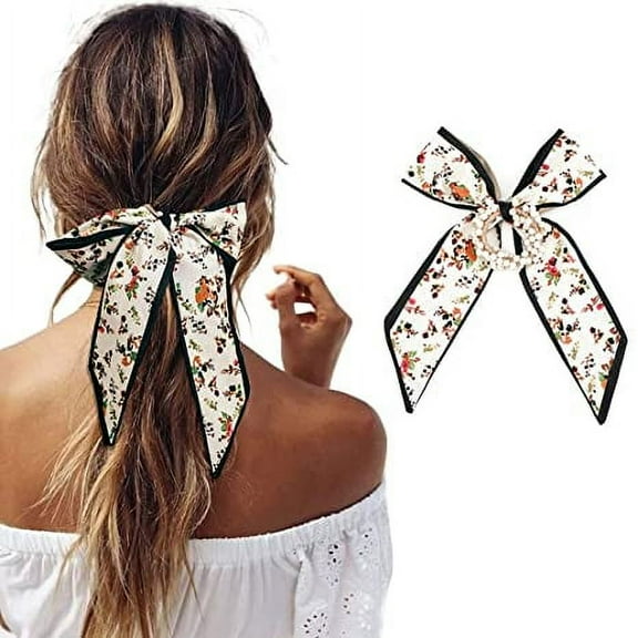 Pearl Hair Scrunchies Flower Print Weave Elastic Hair Ropes Long Ribbon Hair Ties Hair Scarf Bow Headband Hair Accessories for Women and Girls (beige)