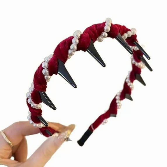 Pearl Hairband, Velvet Headband, Vintage High Cranium Artificial Pearl Hairband with Wave Bead Detail, Comfortable Secure Fit, Elegant Non-Slip Design for All Day Wear