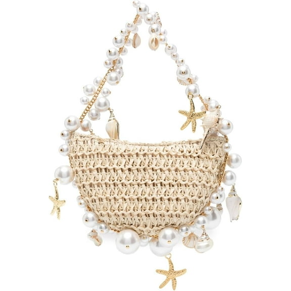 Pearl Hand Woven Women's Bag, Handbag Handmade Beach Bag Female Shoulder Messenger Bag, Conch Straw Evening Bag for Summer Holiday