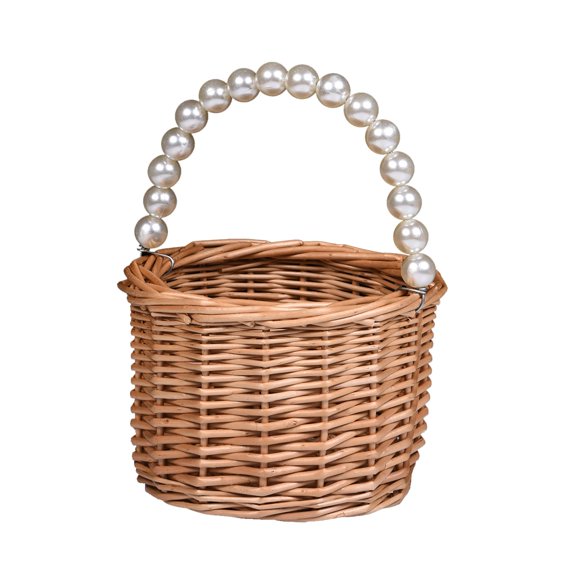 Pearl Handle Rattan Basket for Flower s, Wedding Aisle Decor, Bridal Shower Gift, Farmhouse Home Display, Brown