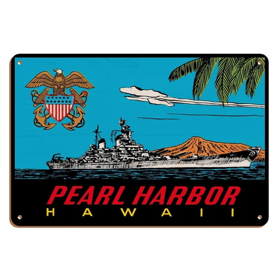 Pearl Harbor Hawaii - U.S. Navy Destroyer Battleship - Vintage Hawaiian Decal by Lindgren Brothers c.1948 - 8 x 12 inch Vintage Wood Art Sign