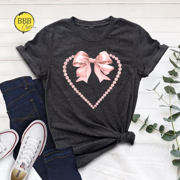 Pearl Heart Bow Shirt: Pink Coquette Tee Tshirt All Size S-5XL