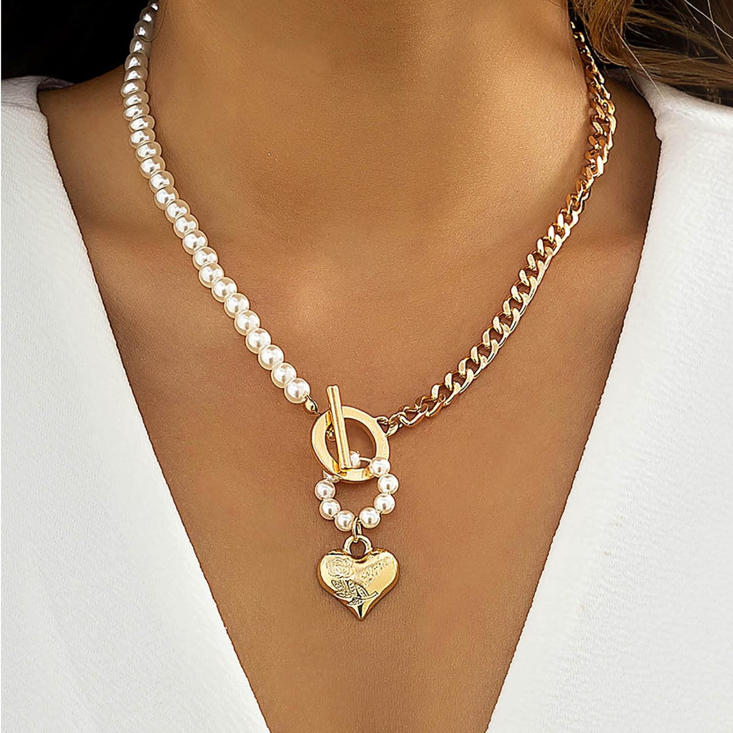 CAMTOM Pearl Heart Toggle Clasp Necklace, Cuban Link Chain Chunky Necklace
