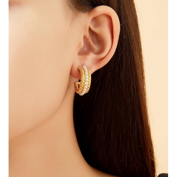 Pearl Hoop Earrings For Women, Trendy 14K Gold Plated R Nd Pearl Cuff Hoop Earrings Hypoallergenic Statement Earrings Jewelry For Her[Z971]